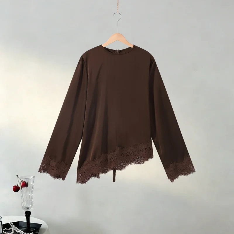 Chic Women's Top Lace Patchwork Black Long Sleeve Belt O-neck Zipper Spring Tops Fashion Loose Female Streetwear Blouse 2026