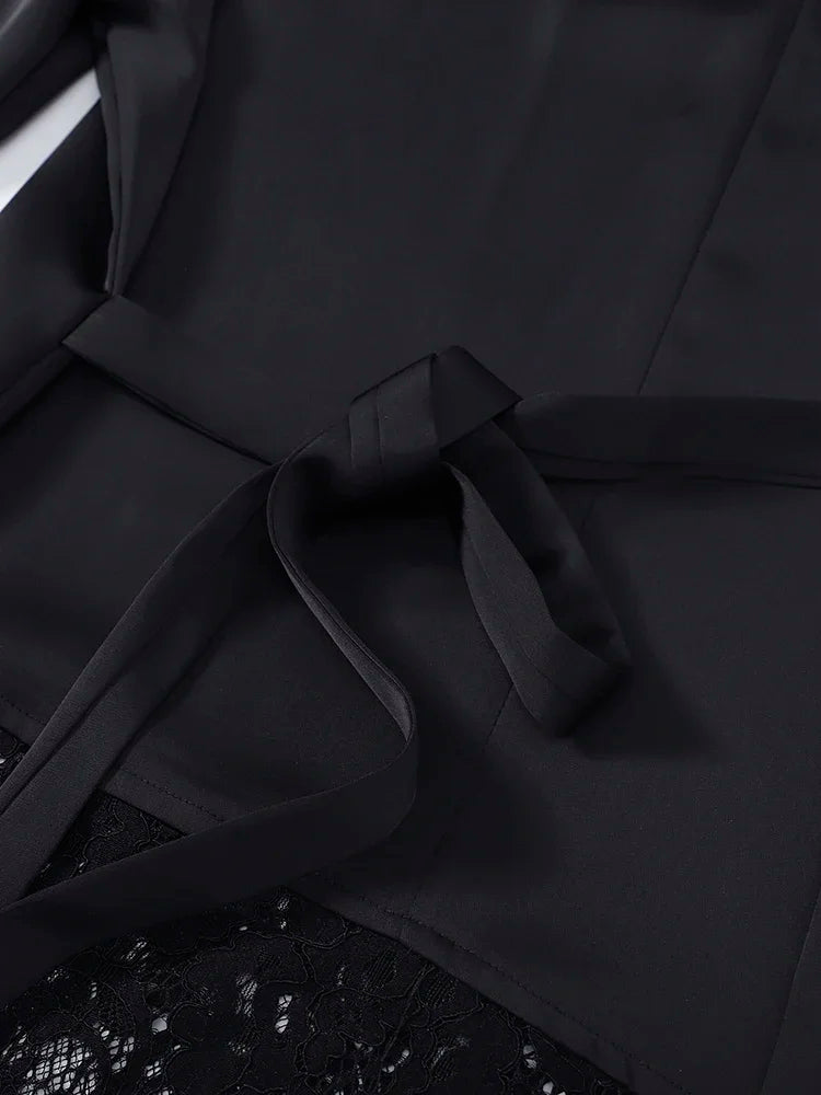 Chic Women's Top Lace Patchwork Black Long Sleeve Belt O-neck Zipper Spring Tops Fashion Loose Female Streetwear Blouse 2026