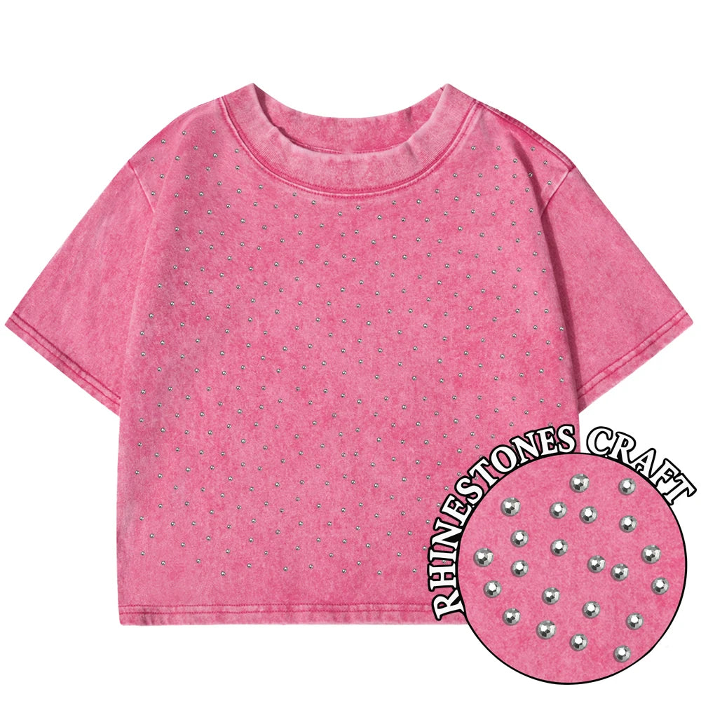Solid Color Slim Washed T-Shirt Women Fashion Soft Cotton Tee Shirt Rhinestone Craft Short Sleeve Cool Clothing Female
