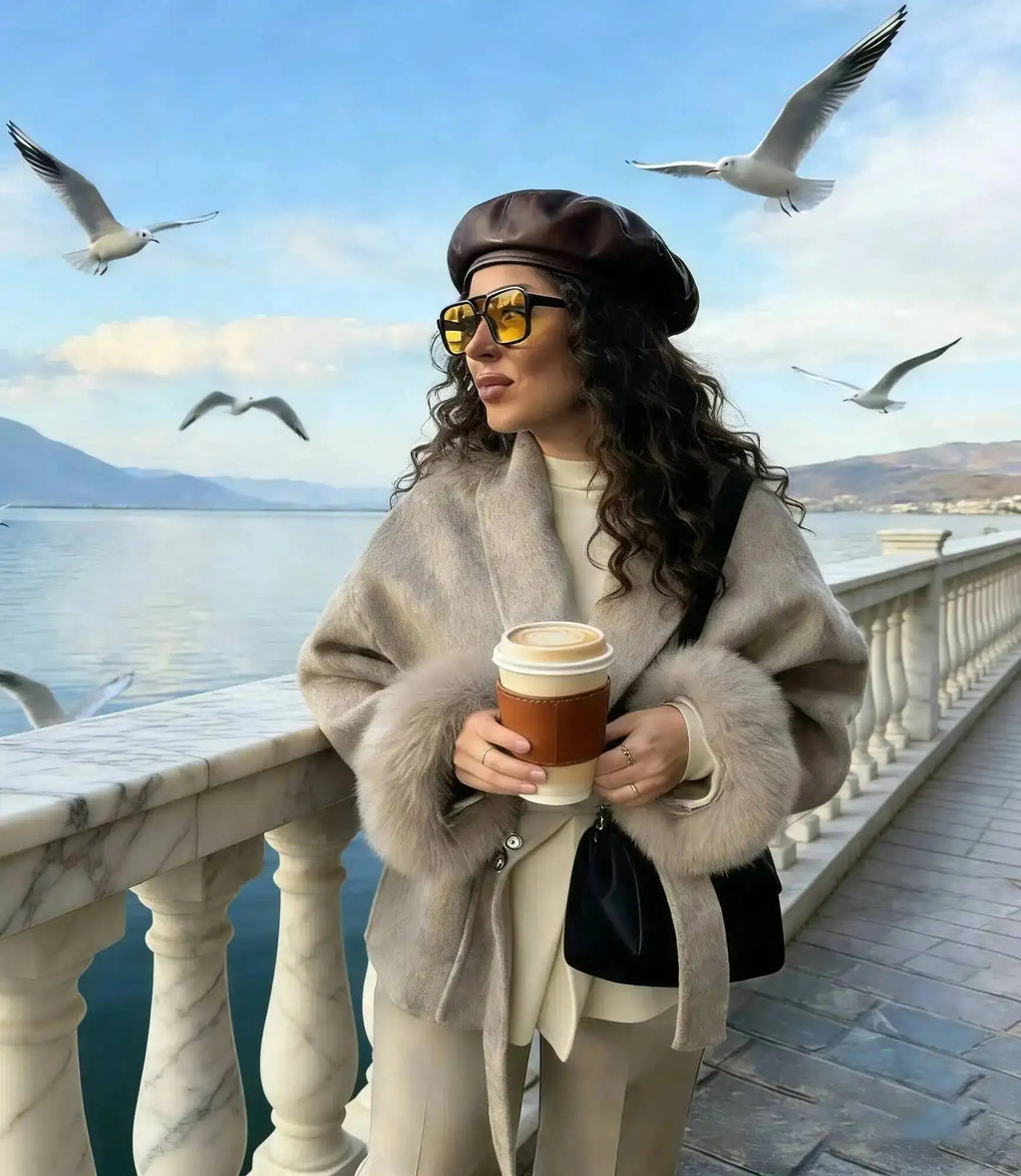 UCXQ Elegant OL Office Lady Overcoats Fur Patchwork Long Sleeve Woolen Coat Beautiful Women's Clothing Jacket Autumn 2025 Winter