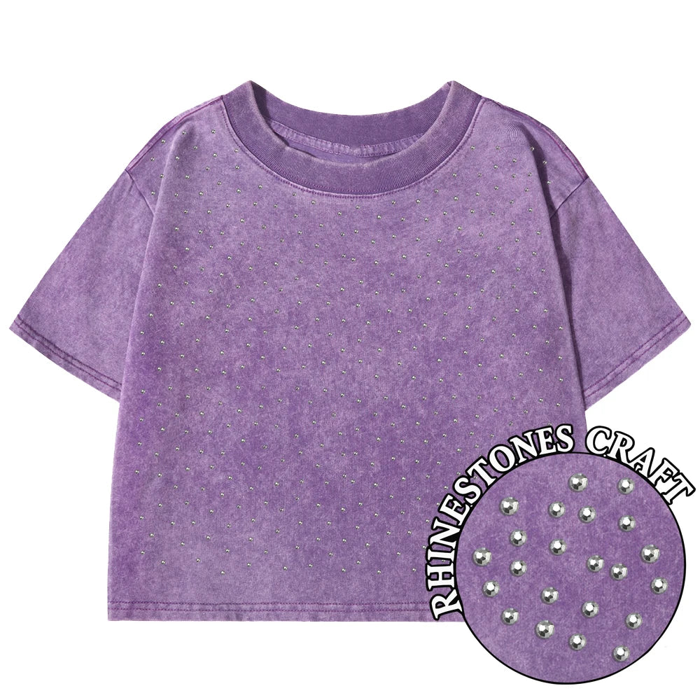 Solid Color Slim Washed T-Shirt Women Fashion Soft Cotton Tee Shirt Rhinestone Craft Short Sleeve Cool Clothing Female