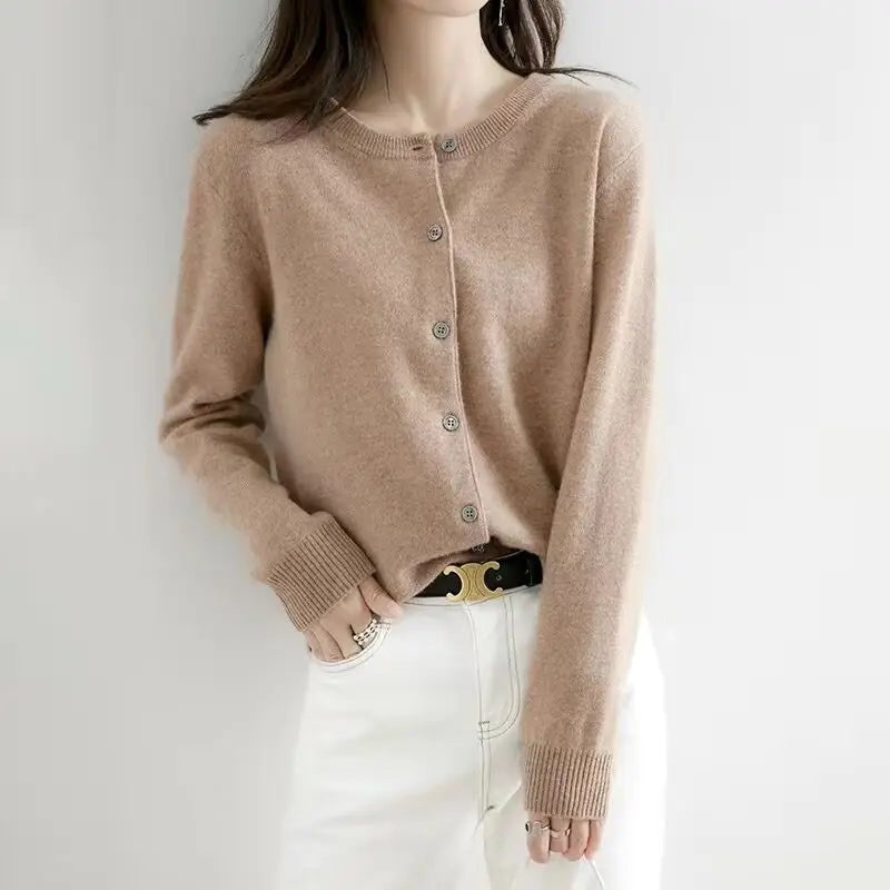 Women's round neck loose fitting slimming cardigan sweater, spring and autumn knitted cardigan, solid color versatile top