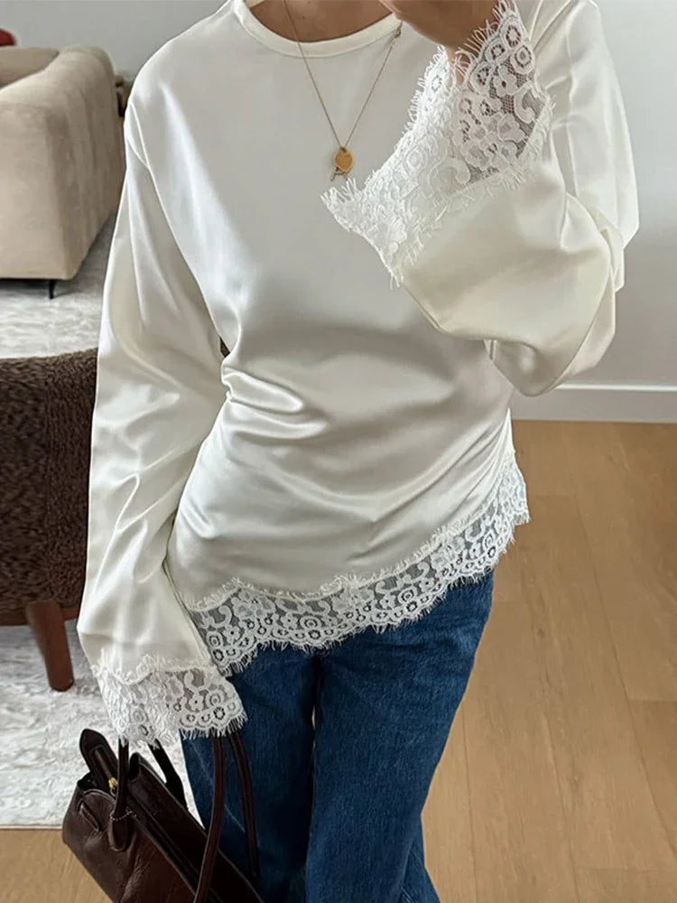 Chic Women's Top Lace Patchwork Black Long Sleeve Belt O-neck Zipper Spring Tops Fashion Loose Female Streetwear Blouse 2026