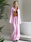 Women Casual Cozy Lapel Pink Shirt Pants Suits Fashion Single Breasted Blouses Elastic Waist Pant Set 2025 Spring Loose Outfits