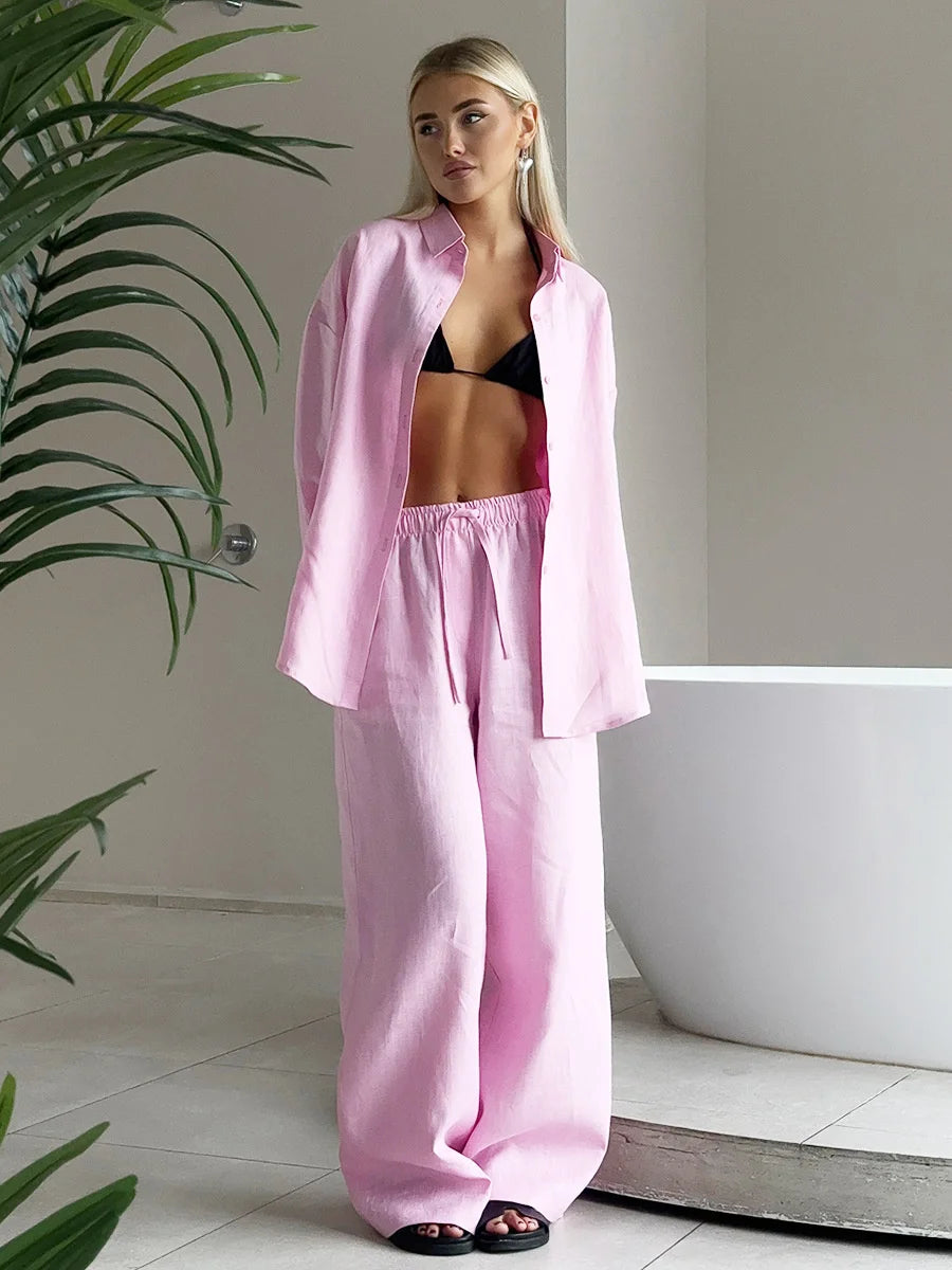 Women Casual Cozy Lapel Pink Shirt Pants Suits Fashion Single Breasted Blouses Elastic Waist Pant Set 2025 Spring Loose Outfits
