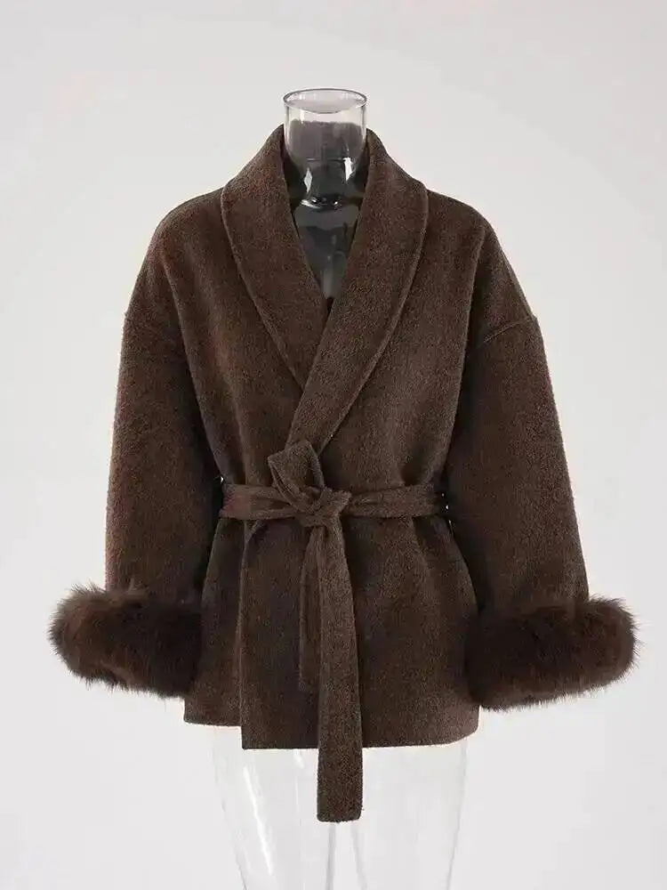 UCXQ Elegant OL Office Lady Overcoats Fur Patchwork Long Sleeve Woolen Coat Beautiful Women's Clothing Jacket Autumn 2025 Winter