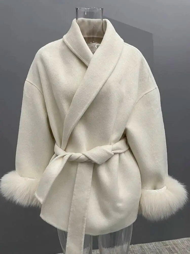 UCXQ Elegant OL Office Lady Overcoats Fur Patchwork Long Sleeve Woolen Coat Beautiful Women's Clothing Jacket Autumn 2025 Winter
