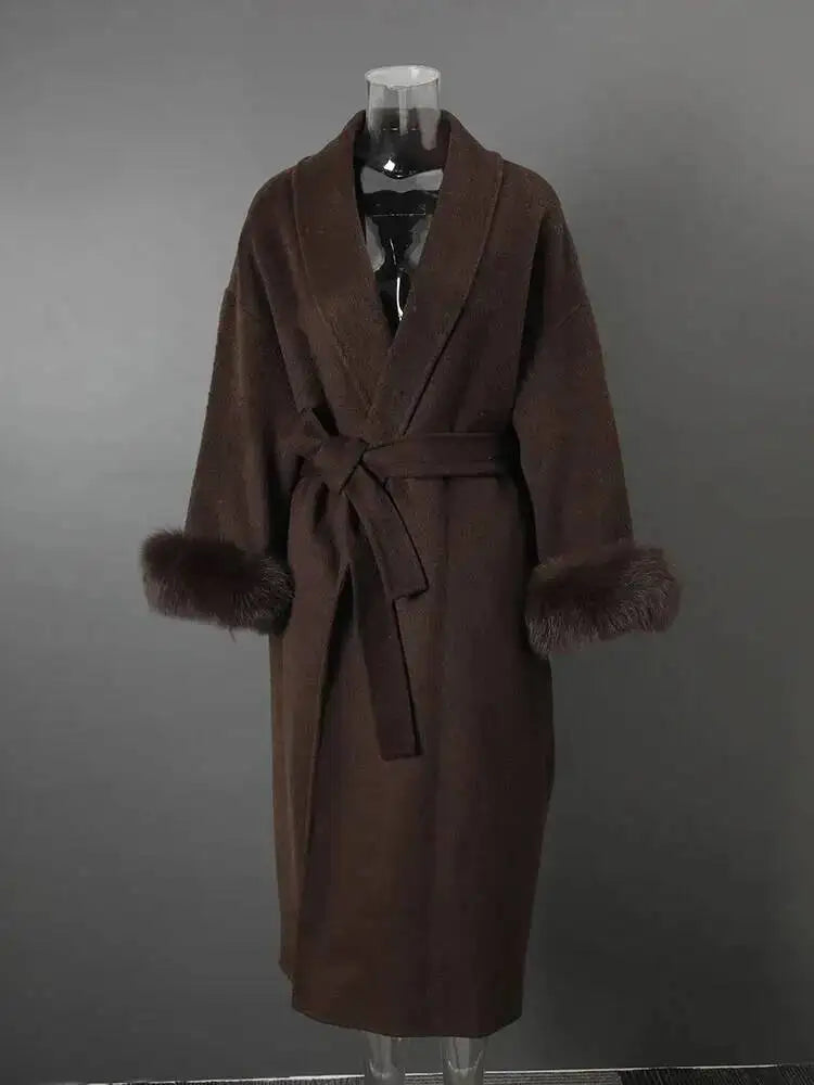 UCXQ Elegant OL Office Lady Overcoats Fur Patchwork Long Sleeve Woolen Coat Beautiful Women's Clothing Jacket Autumn 2025 Winter