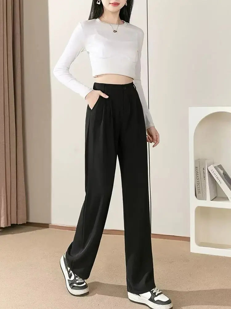 Women’s Wide Leg Pants Women Korean Style High Waist Black Trouser Office Ladies Fashion Loose Grey Suit Trousers Streetwear