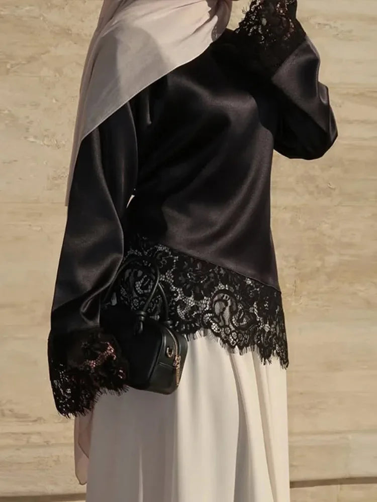 Chic Women's Top Lace Patchwork Black Long Sleeve Belt O-neck Zipper Spring Tops Fashion Loose Female Streetwear Blouse 2026