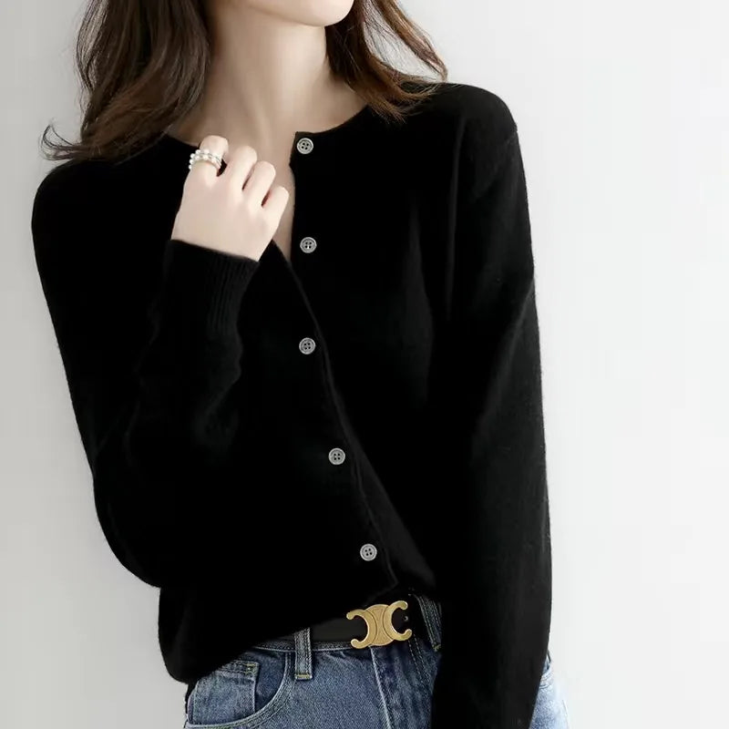 Women's round neck loose fitting slimming cardigan sweater, spring and autumn knitted cardigan, solid color versatile top