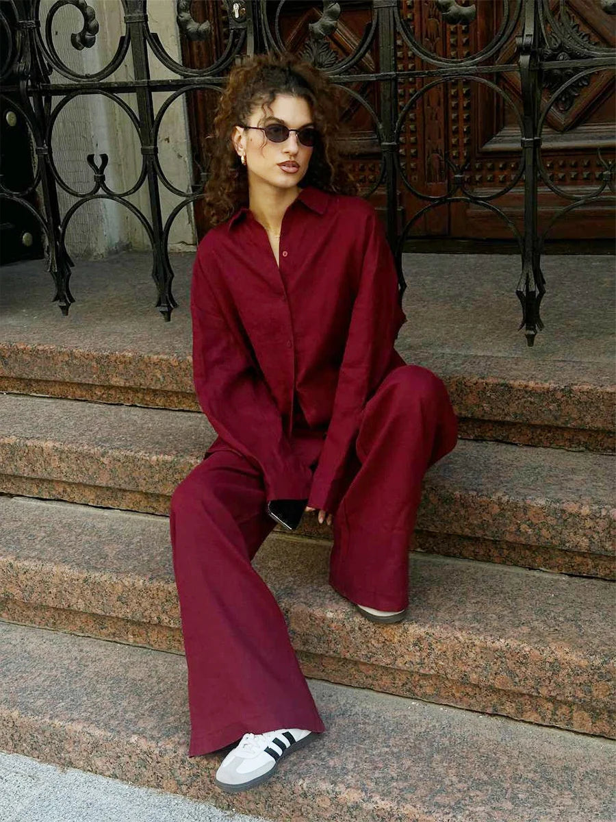 Women Casual Cozy Lapel Pink Shirt Pants Suits Fashion Single Breasted Blouses Elastic Waist Pant Set 2025 Spring Loose Outfits