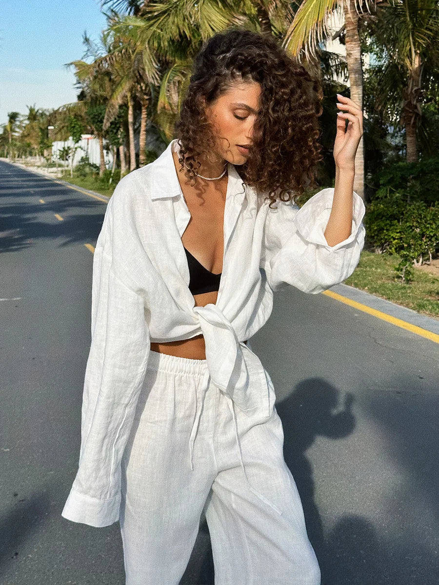 Women Casual Cozy Lapel Pink Shirt Pants Suits Fashion Single Breasted Blouses Elastic Waist Pant Set 2025 Spring Loose Outfits