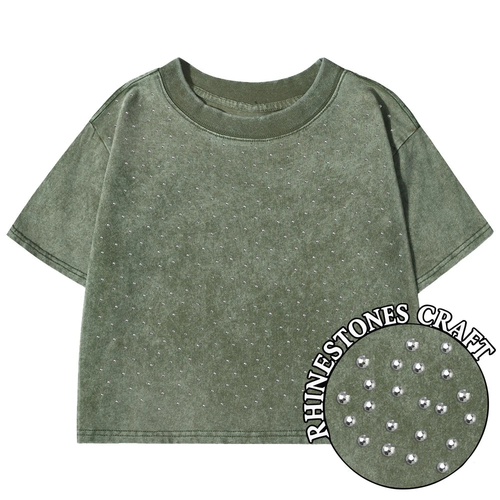 Solid Color Slim Washed T-Shirt Women Fashion Soft Cotton Tee Shirt Rhinestone Craft Short Sleeve Cool Clothing Female