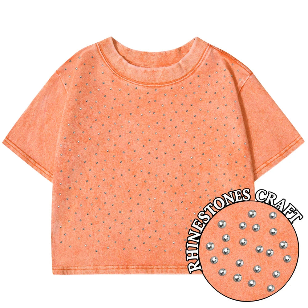 Solid Color Slim Washed T-Shirt Women Fashion Soft Cotton Tee Shirt Rhinestone Craft Short Sleeve Cool Clothing Female