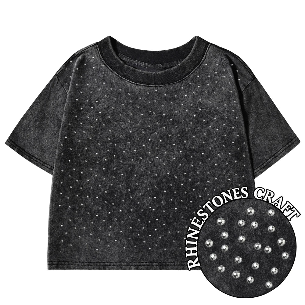 Solid Color Slim Washed T-Shirt Women Fashion Soft Cotton Tee Shirt Rhinestone Craft Short Sleeve Cool Clothing Female