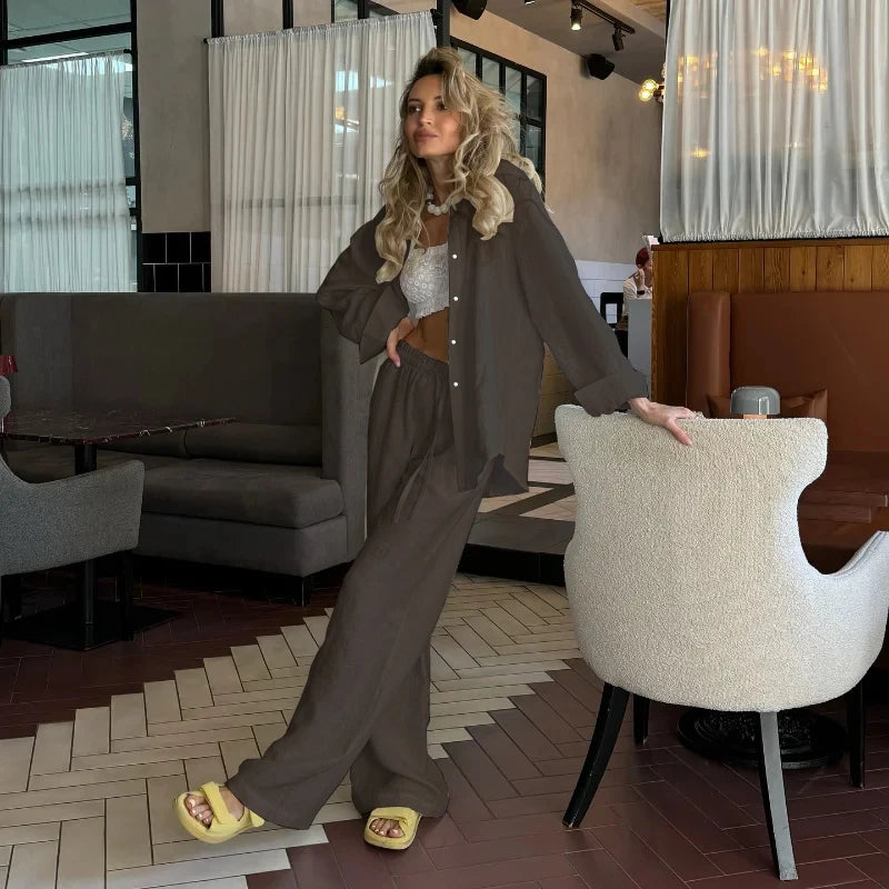Women Casual Cozy Lapel Pink Shirt Pants Suits Fashion Single Breasted Blouses Elastic Waist Pant Set 2025 Spring Loose Outfits