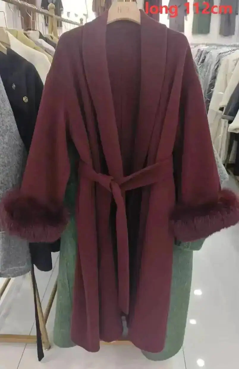 UCXQ Elegant OL Office Lady Overcoats Fur Patchwork Long Sleeve Woolen Coat Beautiful Women's Clothing Jacket Autumn 2025 Winter