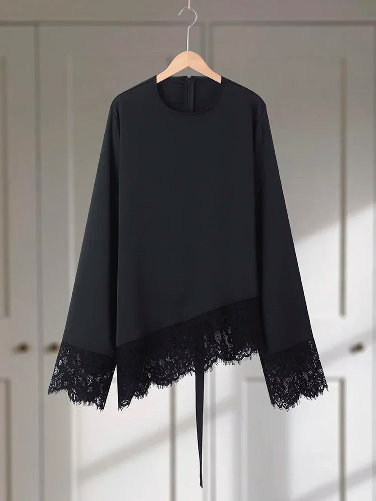 Chic Women's Top Lace Patchwork Black Long Sleeve Belt O-neck Zipper Spring Tops Fashion Loose Female Streetwear Blouse 2026