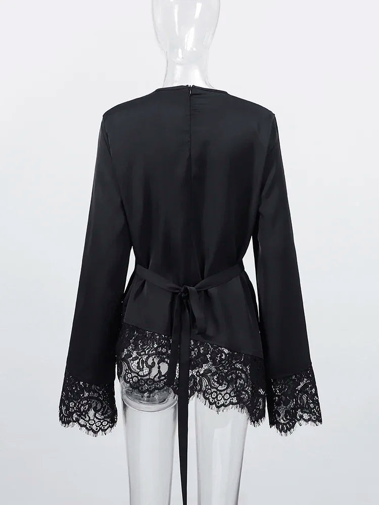 Chic Women's Top Lace Patchwork Black Long Sleeve Belt O-neck Zipper Spring Tops Fashion Loose Female Streetwear Blouse 2026